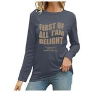 Camiseta de manga larga para mujer, diseño de letras estampadas, cuello redondo, manga larga, camiseta corta, gris, M