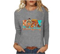 Camiseta de manga larga para mujer, diseño de pavo de dibujos animados, sin botones, casual, cómoda, capa base, camiseta básica con estampado de letras gráficas, camisetas básicas de cuello redondo