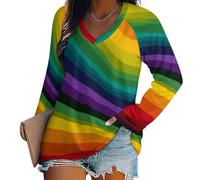 Camiseta De Manga Larga para Mujer, Elegante con Estampado Hand Drawn Rainbow Stripes, Ligera Casual Cómoda Capa Base Camiseta para Mujer Cuello En V, Tallas Grandes Informal Túnica