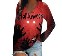Camiseta de manga larga para mujer, elegante, cuello en V, camiseta larga para Halloween, con problemas resueltos, estampado sangriento, camiseta interior, informal, holgada, bluody, O12 Red, M