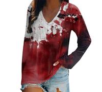 Camiseta de manga larga para mujer, elegante, cuello en V, camiseta larga para Halloween, con problemas resueltos, estampado sangriento, camiseta interior, informal, holgada, bluody, O5 Red, XXL
