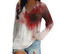 Camiseta de manga larga para mujer, elegante, cuello en V, camiseta larga para Halloween, con problemas resueltos, estampado sangriento, camiseta interior, informal, holgada, bluody, O3 Red, M