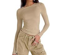 Camiseta de manga larga para mujer elegante Y2k Fashion Crop Top Sexy Manga Larga Camiseta Blusa Ropa Estética (Khaki, S), caqui, S