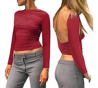 Camiseta de manga larga para mujer, espalda descubierta, cuello alto | Blusa que realza la figura, camiseta sin vientre, camisetas informales, ligeras, verano, primavera, camiseta interior