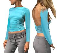 Camiseta de manga larga para mujer, espalda descubierta, cuello alto | Blusa que realza la figura, camiseta sin vientre, camisetas informales, ligeras, verano, primavera, camiseta interior