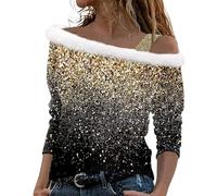 Camiseta de manga larga para mujer, estampado de felpa, hombros descubiertos, manga larga, camiseta, blusa, túnica, tallas grandes, dorado, XL