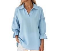 Camiseta de manga larga para mujer, estilo bohemio, manga de farol, elegante, cuello de pico, manga larga, para otoño, a la moda, cuello de polo simple, monocolor, informal, holgada, O Azul Claro, XXL