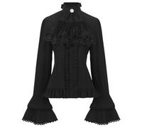 Camiseta de manga larga para mujer, estilo retro, con costuras de encaje, tirantes interiores metálicos, parte superior para mujer, Negro , XL