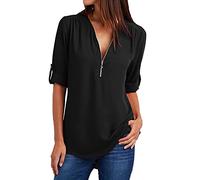Camiseta de manga larga para mujer, monocolor, con gemelos, cremallera, cuello en V, blusa de moda, holgada, cómoda, de manga larga, para adolescentes, niñas, túnica, fina, de manga larga, Negro , M