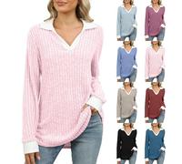 Camiseta de manga larga para mujer Oversize, camiseta de mujer de gran tamaño solapas, camiseta de otoño e invierno camiseta 2025 nueva blusa color ensamblar top mediados largo rayas ropa Loungewear