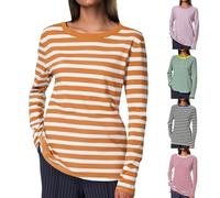 Camiseta de manga larga para mujer Oversize, camiseta de mujer de talla grande cuello redondo, camiseta corta a rayas top casual Top al aire libre ropa diaria Loungewear versátil camiseta, verde, L