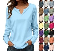 Camiseta de manga larga para mujer, talla grande, cuello en V, camiseta informal, camiseta de color liso, top holgado, ropa diaria Loungewear Outdoor T-Shirt XXXL, rosa brillante, S