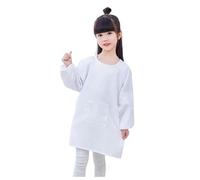 Camiseta de manga larga para niña, camisa de niño, blusa, bata de arte para niños, color liso, con delantal de bolsillo para niños, estampada, delantal de artista, bata de manga larga, Blanco, 4-8