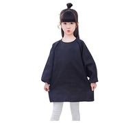 Camiseta de manga larga para niña, camisa de niño, blusa, bata de arte para niños, color liso, con delantal de bolsillo para niños, estampada, delantal de artista, bata de manga larga, Negro , 1-4