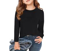 Camiseta de manga larga para niña con cuello redondo básico, camiseta 5 14 años con purpurina para niña, Negro , 9-10 años
