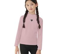 Camiseta de manga larga para niñas, cuello alto, camiseta cálida con diseño de corazón, camiseta de punto liso, camiseta básica ajustada, blusa elástica suave, ropa escolar, rosa, 4-5 años