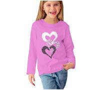 Camiseta de manga larga para niñas, cuello redondo, color liso, estampado de amor, mangas holgadas, sin botones, suave, para primavera, otoño, 2-Rosa, 13-14 años