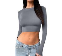 Camiseta de manga larga sexy para mujer, cuello redondo, básica, ajustada, camiseta corta para mujer, sexy, elegante, gris oscuro, L