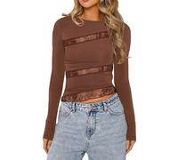 Camiseta de manga larga Slim Fit para mujer, sexy, hombros descubiertos, monocolor, camiseta ajustada Y2k Fashion Aesthetic Clothes Outfit Women's Long Sleeve Tops, marrón, M