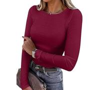 Camiseta de Manga Larga T Shirt y Ajuste Clásico Mujer Casual Básico Túnica Tops Punto Entallado Sólido Elegantes T-Shirt Elasticidad Pullover con Cuello Redondo para Salir