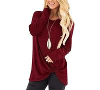 Camiseta de manga larga Twisted Knot Cómoda camiseta de mujer en color puro para ir de compras, rojo vino, Talla única