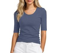 Camiseta de Manga Media Ajustada con Cuello Redondo y Color Liso, Prenda básica para Uso Casual y para Combinar con Otras Capas. (Navy, S) #176