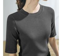 Camiseta de manga media para mujer, color sólido, casual, cuello redondo, camiseta elástica de punto acanalado para mujer, ajuste delgado, primavera, verano, otoño (XL gris oscuro)