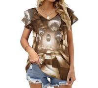 Camiseta de Mangas Cortas Mujer Bola de Madera Creativa Impresión tee Clásico con Cuello en V Basica Camiseta Ligera de Marrón Ablandado Verano Casual Tops L