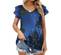 Camiseta de Mangas Cortas Mujer Bosque Estrellado del Cielo Nocturno Impresión tee Clásico con Cuello en V Basica Camiseta Ligera de Azul Ablandado Verano Casual Tops L