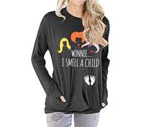 Camiseta de maternidad con estampado de letras de Halloween para mujer, Sanderson Sister Witch Graphic Top Funny Cute Smell a Child Letter Print, Gris oscuro-1, Large