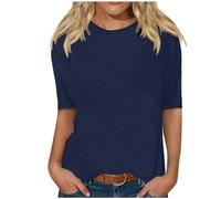 Camiseta de media manga para adolescentes y niñas, color liso, 1/2, camiseta de capa base, camiseta de cuello redondo, camiseta informal, cómoda, talla grande S-3XL, azul marino, XXL