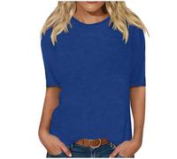 Camiseta de media manga para mujer, color liso, manga media y cuello redondo, camiseta básica sin botones, camiseta de capa base lisa, camiseta casual, ajuste holgado, cómoda, talla grande S-3XL, azul