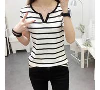 Camiseta de moda a rayas con cuello en V para mujer, ajuste holgado, manga corta, casual, para uso diario, hogar, vacaciones, club, todas las estaciones, blusa de poliéster en varios tamaños (M blanco