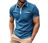 Camiseta de moda para hombre de gran tamaño con cuello, cremallera y patrón de rayas, camiseta de negocios para hombre, polo azul, reloj con compartimento secreto, azul claro, XL