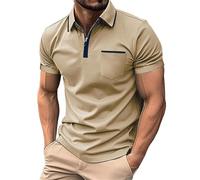 Camiseta de moda para hombre de gran tamaño con cuello, cremallera y patrón de rayas, camiseta de negocios para hombre, polo azul, reloj con compartimento secreto, caqui, M