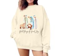 Camiseta de moda para mujer 2024 New Glad Tidings of Great Joy con estampado de letras y cuello redondo de manga larga para mujer, beige, XL