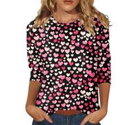 Camiseta de moda para mujer con cuello redondo y mangas 3/4 con estampado de San Valentín Camisetas de trabajo para mujer, Negro , S