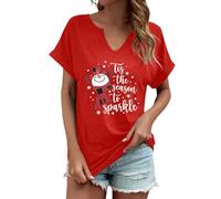 Camiseta de moda para mujer con estampado navideño y cuello en V suelto Anime T Shirt Mujer, rojo, XXL