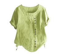 Camiseta de mujer 2026 Color sólido Cuello Redondo Mangas raglán Dobladillo Ranura Suelta Manga Corta Botón Decoración Casual Básica Túnica Blanca, verde menta, M