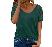 Camiseta de mujer 2026 con cuello en V, color sólido, manga corta, camiseta holgada para mujer, blusa de moda con cuello redondo monocolor, Verde militar., M