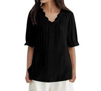 Camiseta de mujer 2026 Top de mujer con encaje, cuello en V, moderno, informal, con cortes, manga corta, camiseta de negocios, algodón, verano, camisetas amarillas, Negro , 3XL