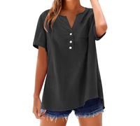 Camiseta de mujer ancha para mujer, cuello en V, manga corta, cómoda, camiseta de algodón y lino, informal, de corte holgado, de moda, alto verano, elegante superior básico, con bolsillos, Negro , M