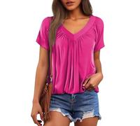 Camiseta de mujer - Camiseta de algodón casual camiseta de corte extragrande color liso, manga corta, transpirable, alto cuello en V, minimalista, alto ligero, cómodo, rosa fuerte, XXXL