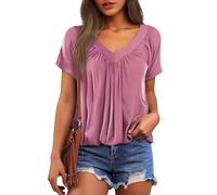 Camiseta de mujer - Camiseta de algodón casual camiseta de corte extragrande color liso, manga corta, transpirable, alto cuello en V, minimalista, alto ligero, cómodo, rosa, XXXL