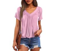 Camiseta de mujer - Camiseta de algodón casual camiseta de corte extragrande color liso, manga corta, transpirable, alto cuello en V, minimalista, alto ligero, cómodo, rosa claro, L