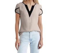 Camiseta de mujer casual de manga corta con cuello en pico y estampado de mosaico moderno para un estilo diario elegante, beige, S