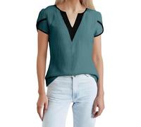 Camiseta de mujer casual de manga corta con cuello en pico y estampado de mosaico moderno para un estilo diario elegante, azul marino, S