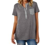 Camiseta de mujer con bolsillo y botón de color liso, suelta, informal, manga corta, pendientes, diferentes tamaños, gris, XL