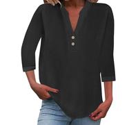 Camiseta de mujer con botones de cuello en V, camisa de lino diaria actividades al aire libre Top color puro camiseta con mangas camiseta cómoda camiseta juvenil camiseta diaria camisa, Negro