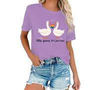 Camiseta de mujer con corazón arcoíris - Camiseta con texto en inglés "Silly Goose, It's just Love" | Top de moda para el tiempo libre, verano y eventos LGBTQ+, Style#b04purple, L